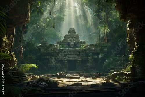 Old beautiful ancient temple in the jungle. Tropical landscape with mystic ruins. Travel and vacation, exploration and adventure concept