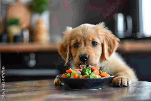 A playful puppy eagerly digging into a bowl of freshly cooked meat and vegetables.