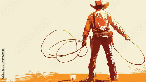 Mature cowboy with lasso on light background 