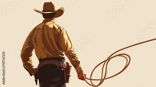 Mature cowboy with lasso on light background 