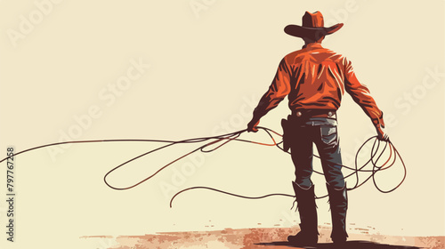 Mature cowboy with lasso on light background 