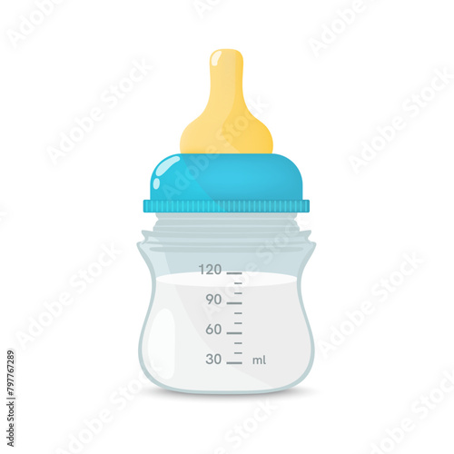 Baby milk bottle icon with shadow on white background.