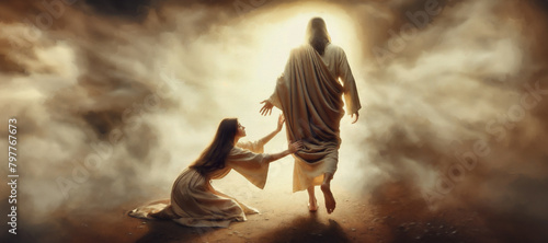 Woman's Faith: Touching Jesus's Robe Brings Immediate Relief from Twelve Years of Hemorrhaging and Suffering. Illustrated style The Woman with the Issue of Blood Touches Jesus's Garment