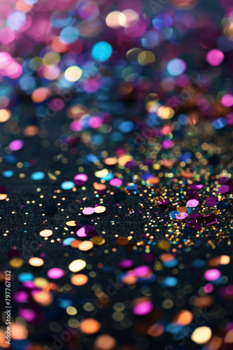 Sparkling glitter confetti in vibrant colors  scattered against a dark background. Glitter confetti textures offer a festive and celebratory backdrop