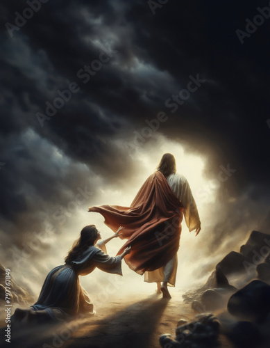 Illustrated style. The Woman with the Issue of Blood Touches Jesus's Garment. Power of Belief: Touching Jesus's Garment, the Woman Finds Immediate Healing from Her Twelve-Year Hemorrhage. © ana