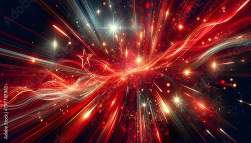 a dynamic explosion of light with vibrant reds and whites emanating from a central point