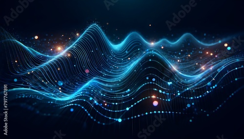 digital waves consisting of blue lights with points of brighter light scattered throughout, resembling stars or distant galaxies