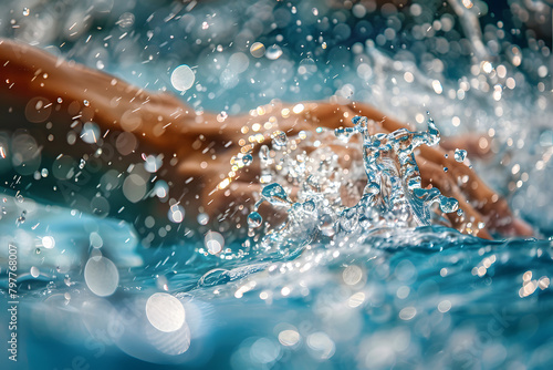 Close-up of a swimmer's hand slicing through the water, capturing the motion and the bubbles trailing behind 