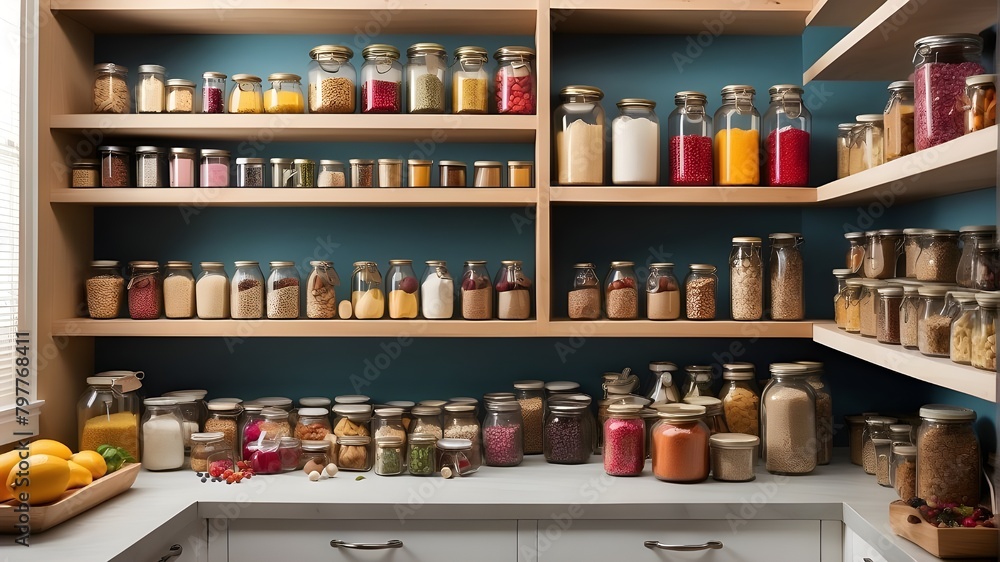 : A well-organized kitchen pantry stocked with colorful ingredients and spices 
