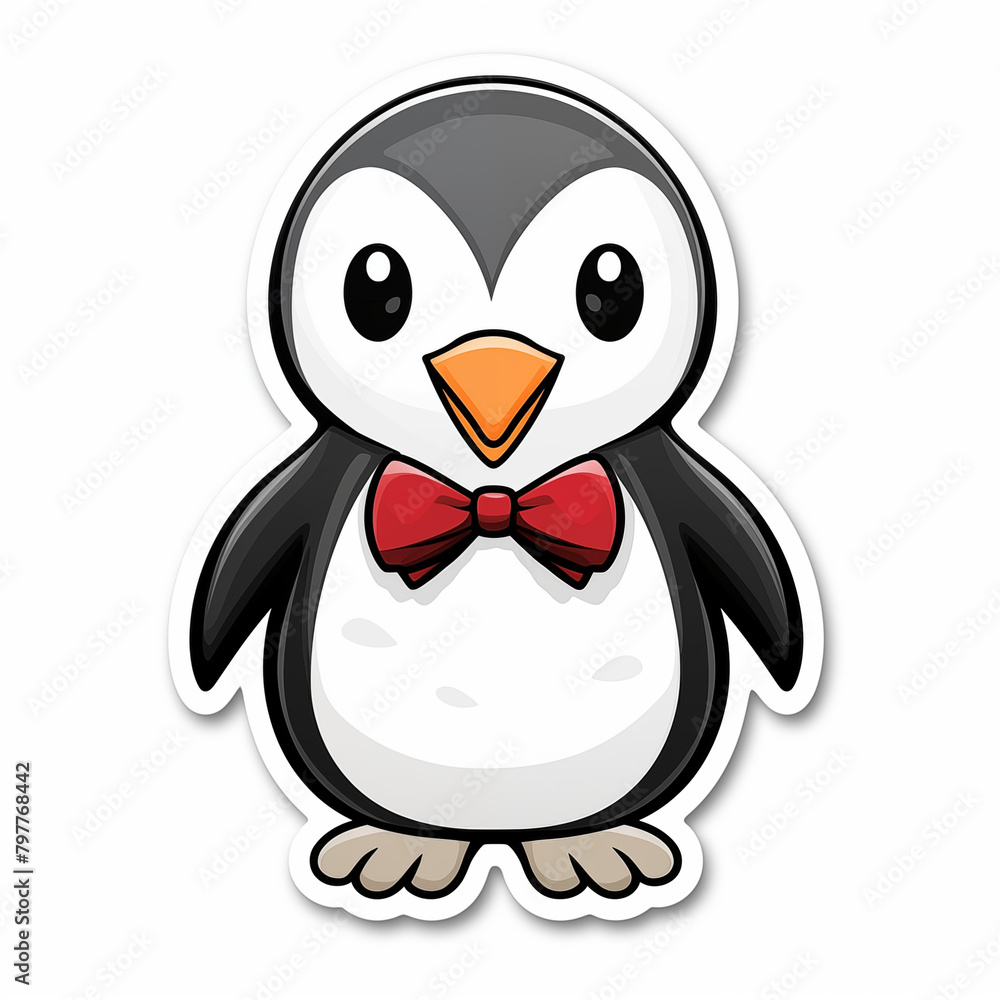 Sticker, Adorable Penguin Wearing a Bowtie, kawaii, contour, vector, white background Sticker, Adorable Penguin Wearing a Bowtie, kawaii, contour, vector, white background