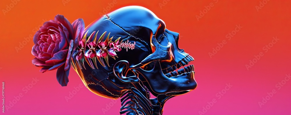 A skull with a pink rose on its head. A skull with a pink rose on its head.