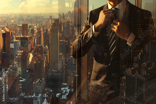 Detailed view of a businessman adjusting his tie in a skyscraper office, reflecting cityscape in the window