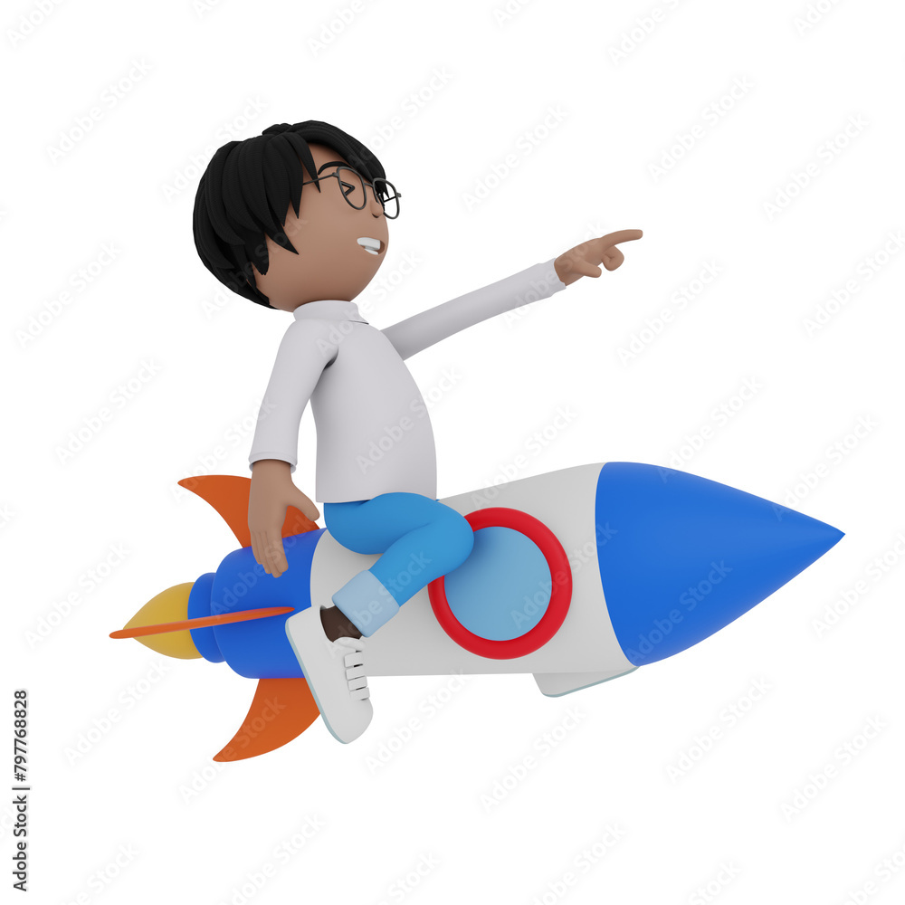 A cartoon character is riding a rocket