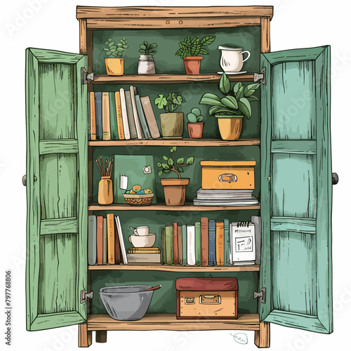 Vector hand drawn illustration of a shelf with books, plants and kitchen utensils