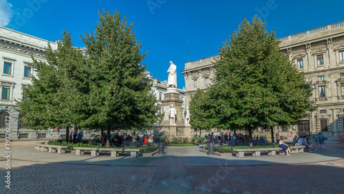 Monument to Leonardo da Vinci in Piazza della Scala meaning La Scala square timelapse hyperlapse in Milan, Italy photo