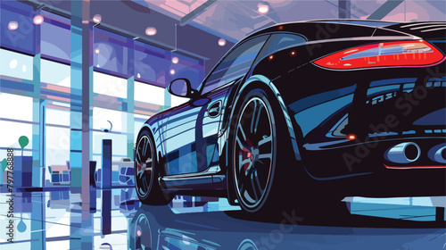 Modern car in showroom closeup Vector illustration. 