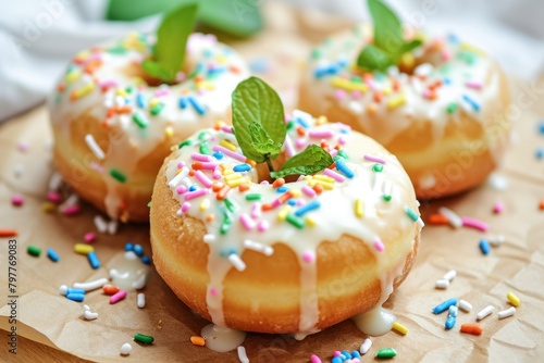 Delicious donuts with sprinkles on wooden table, closeup. Donuts on a Background with Copy Space. 