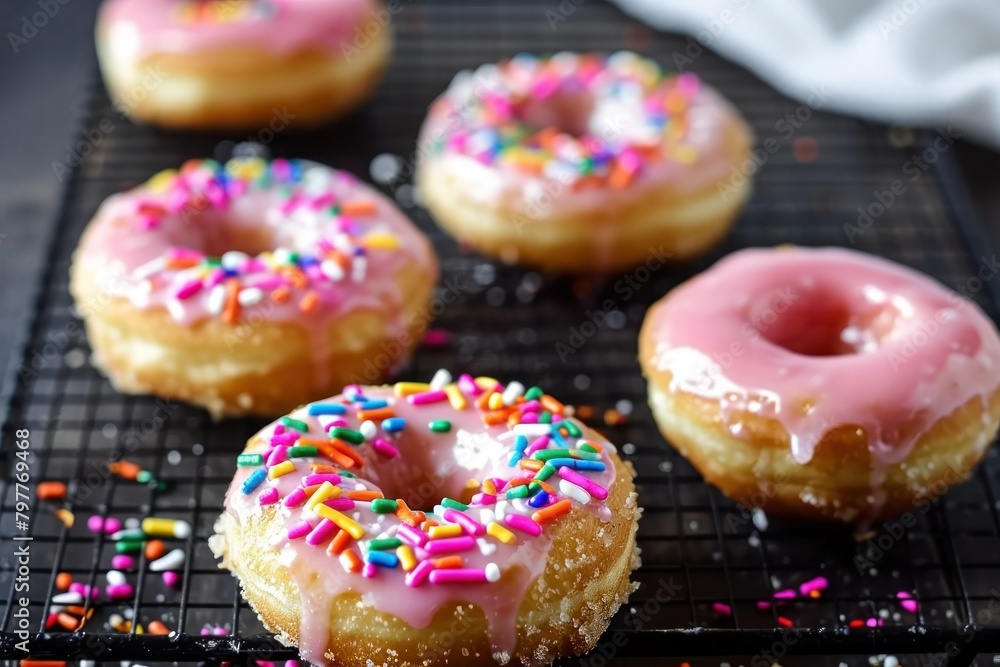Delicious donuts with pink glaze and colorful sprinkles. Donuts on a Background with Copy Space. 