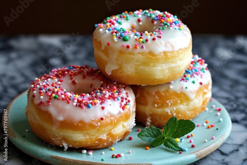 Tasty donuts with icing on wooden table, closeup view. Donuts on a Background with Copy Space. 