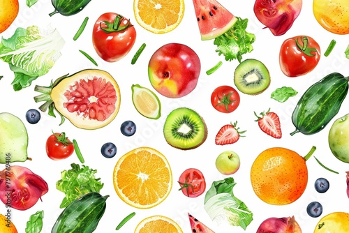 Seamless pattern of watercolor vegetables and fruits.