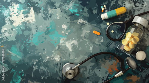 Modern inhalers pills and stethoscope on grunge background photo