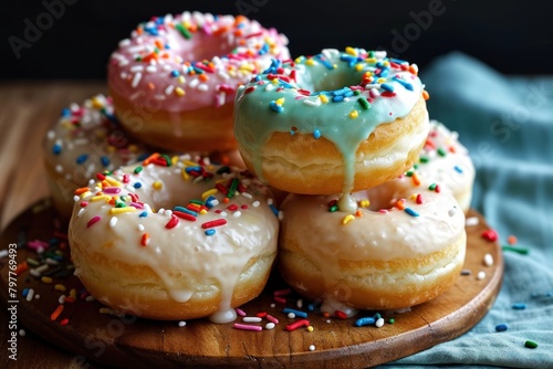 Donuts with icing and colorful sprinkles on a wooden plate. Donuts on a Background with Copy Space. 