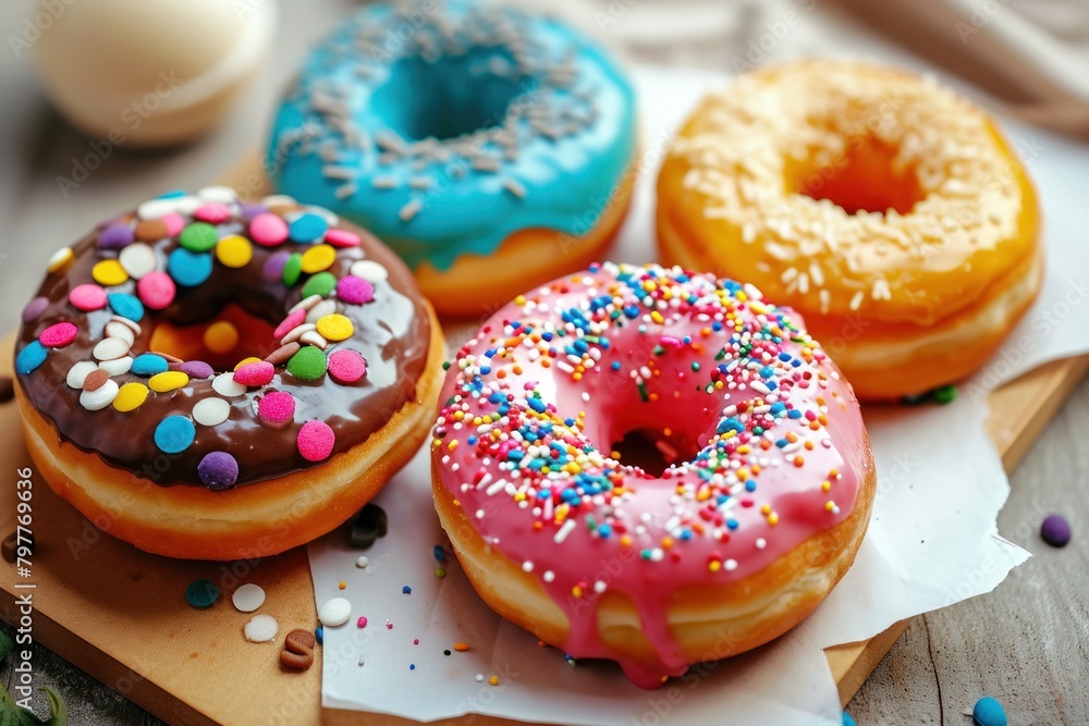 Delicious donuts with icing and sprinkles on wooden table, closeup. Donuts on a Background with Copy Space. 