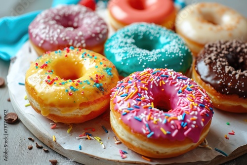 Colorful donuts with sprinkles on wooden board, closeup. Donuts on a Background with Copy Space. 