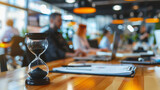 Close up of black hourglass on a desk in an office with people working behind on blurred background