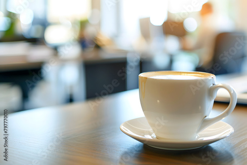 Macro shot of a cup of coffee on a busy executive's desk, with blurred background of office activity