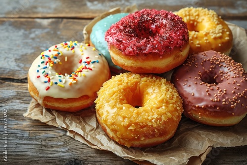 Variety of donuts on a wooden background. Top view. Donuts on a Background with Copy Space. 