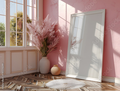 Chic Ambiance: White Frame Mockup on Pink Wall with ASOS Decor