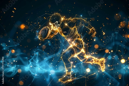 technology in rugby game, digital yellow low poly rugby player with glowing data streams, ai in sports analytics, player performance tracking systems, game strategy, wireframe player.