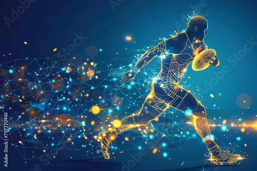 technology in rugby game  digital yellow low poly rugby player with glowing data streams  ai in sports analytics  player performance tracking systems  game strategy  wireframe player.