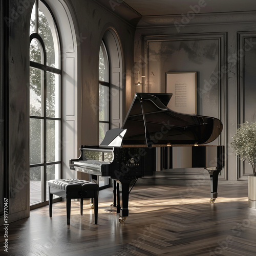 The black piano and chair provide contrast and connection between classical and modern pianos.