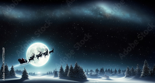 Santa and his sleigh on a crisp winter night sky, with a luminous full moon casting its light over a serene snow-covered landscape. photo