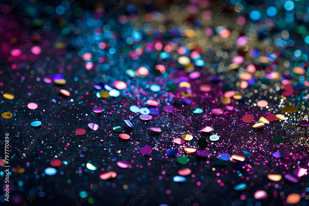 Sparkling glitter confetti in vibrant colors, scattered against a dark background. Glitter confetti textures offer a festive and celebratory backdrop