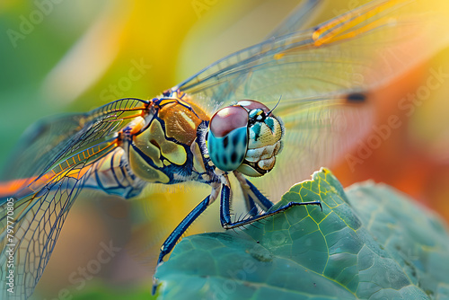 Macro shot of a vibrant dragonfly resting on a green leaf, showcasing detailed wing patterns and natural beauty