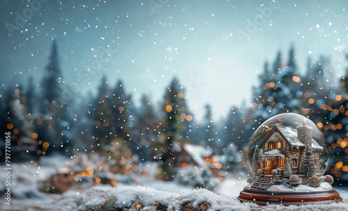 A delicate crystal snow globe resting on a mahogany stand, showcasing a small stone cottage with a thatched roof amidst a circle of frosted fir trees. Soft twilight filters through © Allan