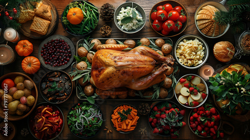 A festive Christmas dinner table from above, filled with a roasted turkey, vibrant salads, and a variety of holiday sides, surrounded by decorations and family members celebrating together