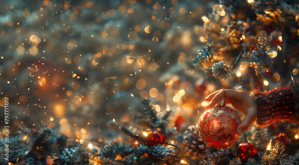 Fototapeta premium A small hand reaches up to place a delicate, hand-painted ornament onto a well-adorned Christmas tree, surrounded by the blur of family gathering, exchanging gifts and stories by the fireside
