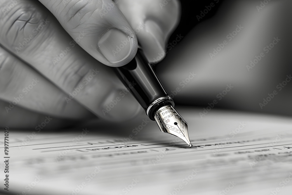 Close-up of a businessman's hand signing a contract with a luxury fountain pen, emphasizing detail and decisiveness