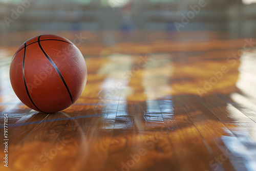 Close-up of a basketball on a hardwood court, with focus on the texture of the ball and the shiny floor © dStudio