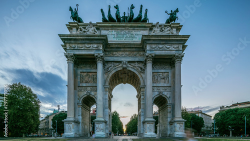 Arch of Peace in Simplon Square day to night timelapse. It is a neoclassical triumph arch photo