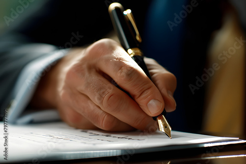 Close-up of a businessman's hand signing a contract with a luxury fountain pen, emphasizing detail and decisiveness photo