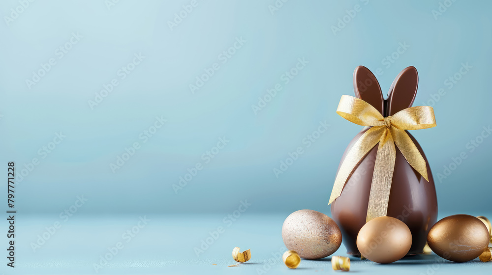 festive chocolate easter bunny with golden eggs on blue background
