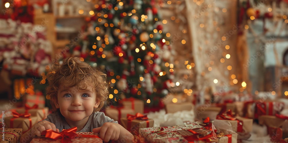 An overjoyed child on Christmas morning, gleefully pulling ribbons and paper off a present, the warm glow of the tree in the background mirroring the happiness in his eyes An overjoyed child on Christmas morning, gleefully pulling ribbons and paper off a present, the warm glow of the tree in the background mirroring the happiness in his eyes