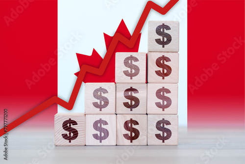 Canada economic collapse, increasing values with cubes, financial decline, crisis and downgrade concept