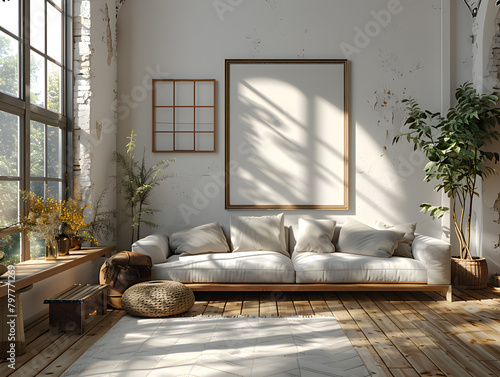 Modern Serenity: White Frame Mockup in Light and Airy Living Space photo