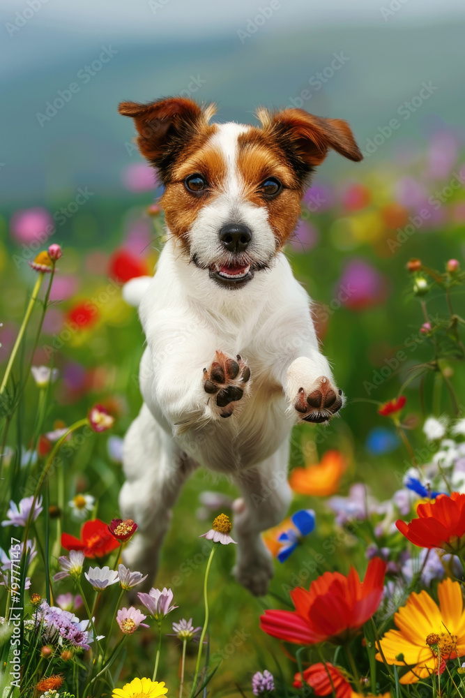 A small dog joyfully running through a vibrant field of colorful flowers on a sunny day A small dog joyfully running through a vibrant field of colorful flowers on a sunny day